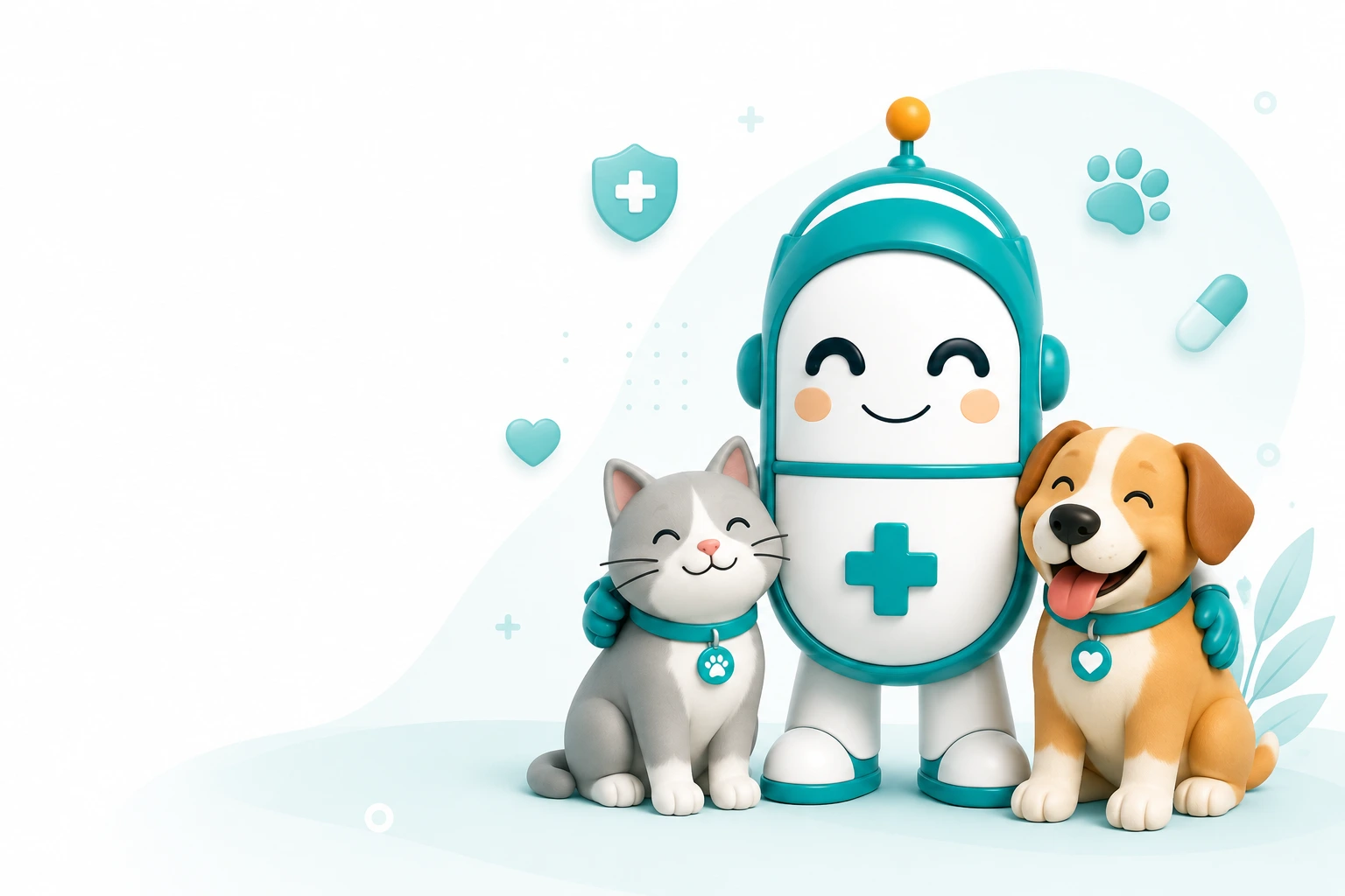 The FarmaBot mascot between a happy cat and dog, surrounded by paw, shield and heart icons.